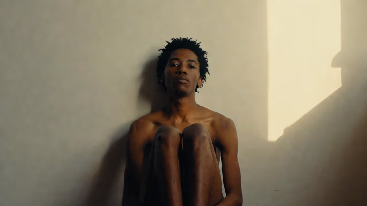 Adult sitting against a wall with distant gaze representing freeze response and emotional shutdown