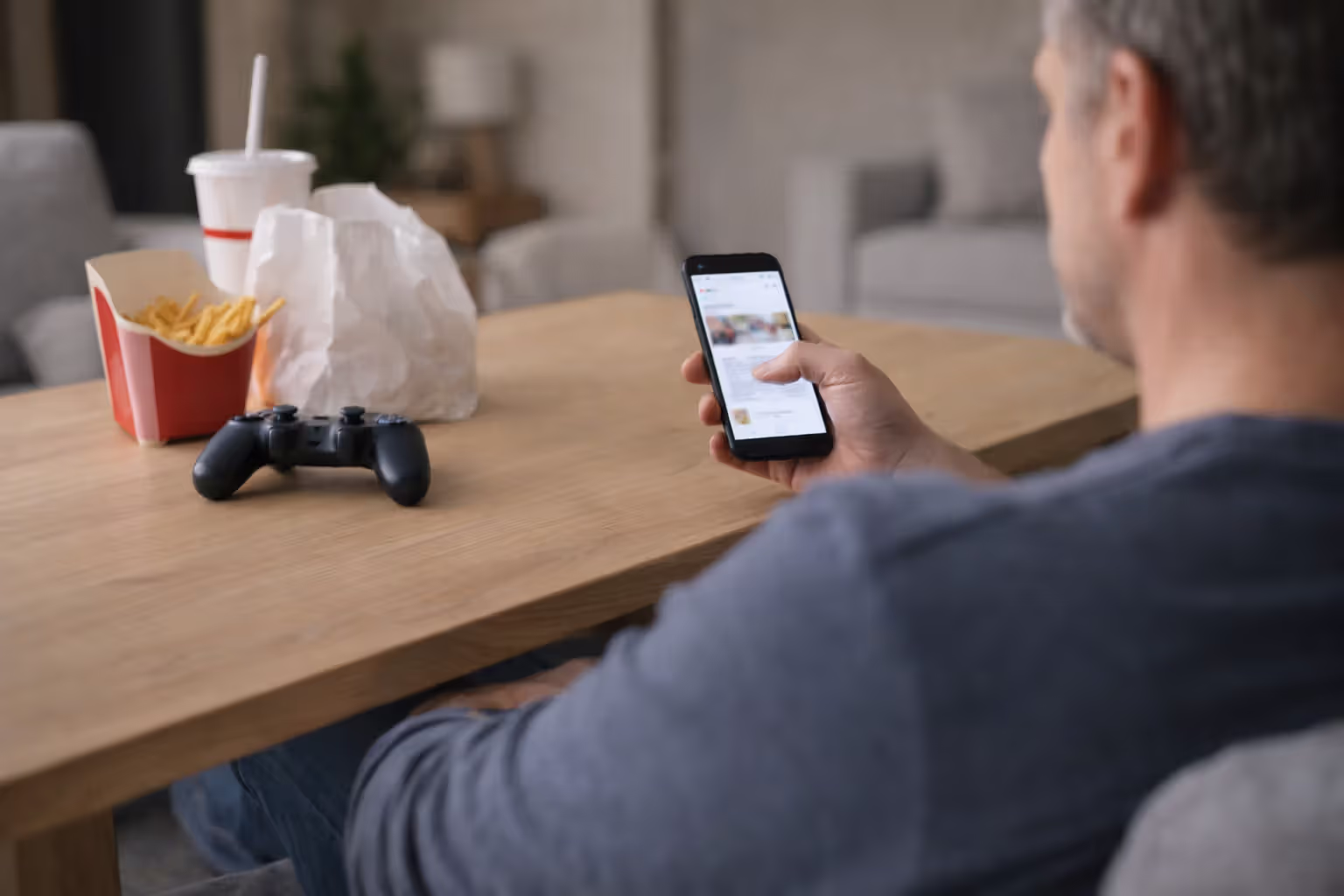Person sitting at a table with smartphone, fast food, and game controller representing instant gratification