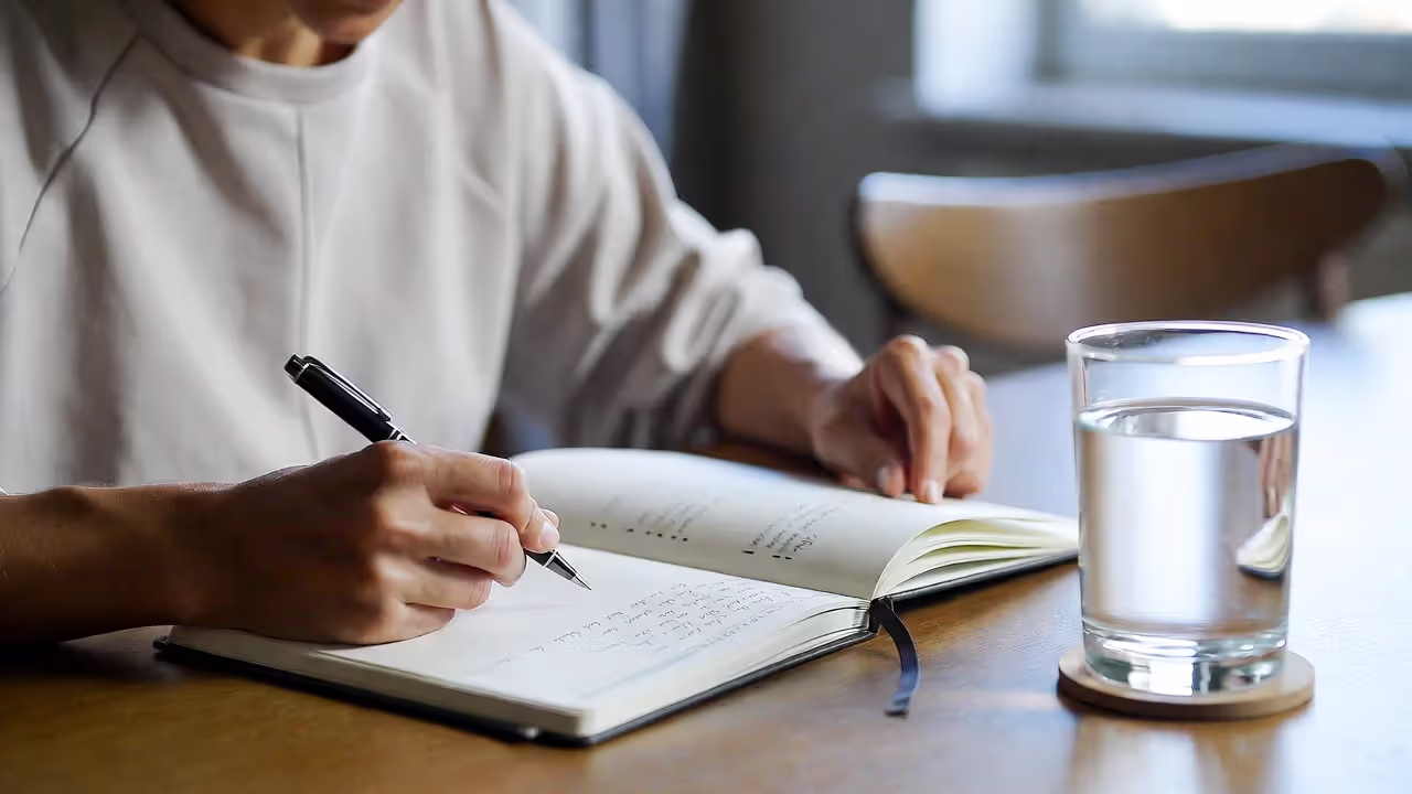 Adult writing habit notes in notebook at table in calm home setting