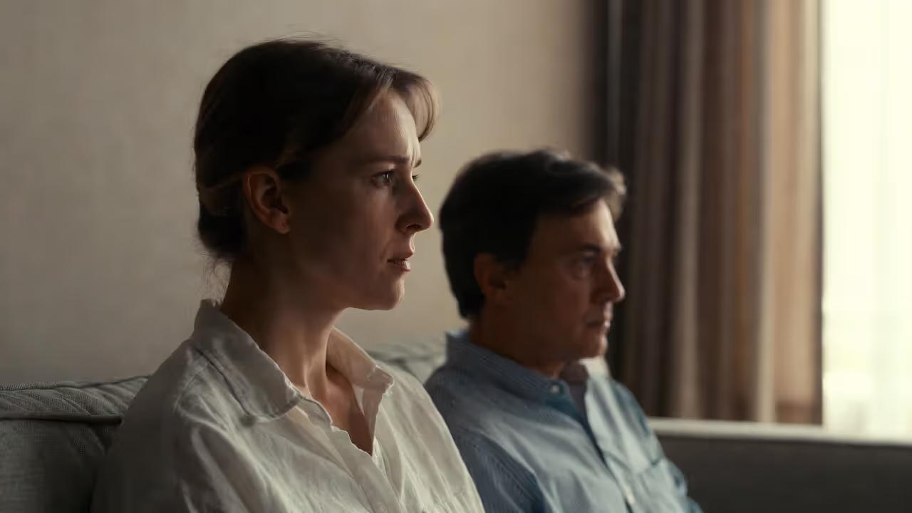 Two people sitting close on a couch, one offering quiet support to the other