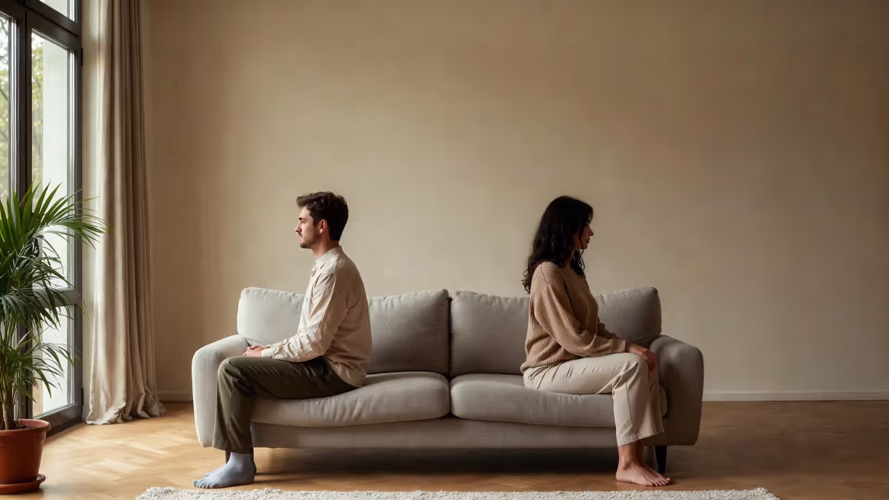 Two people sitting far apart on a couch, suggesting “right person, wrong time” emotional separation.