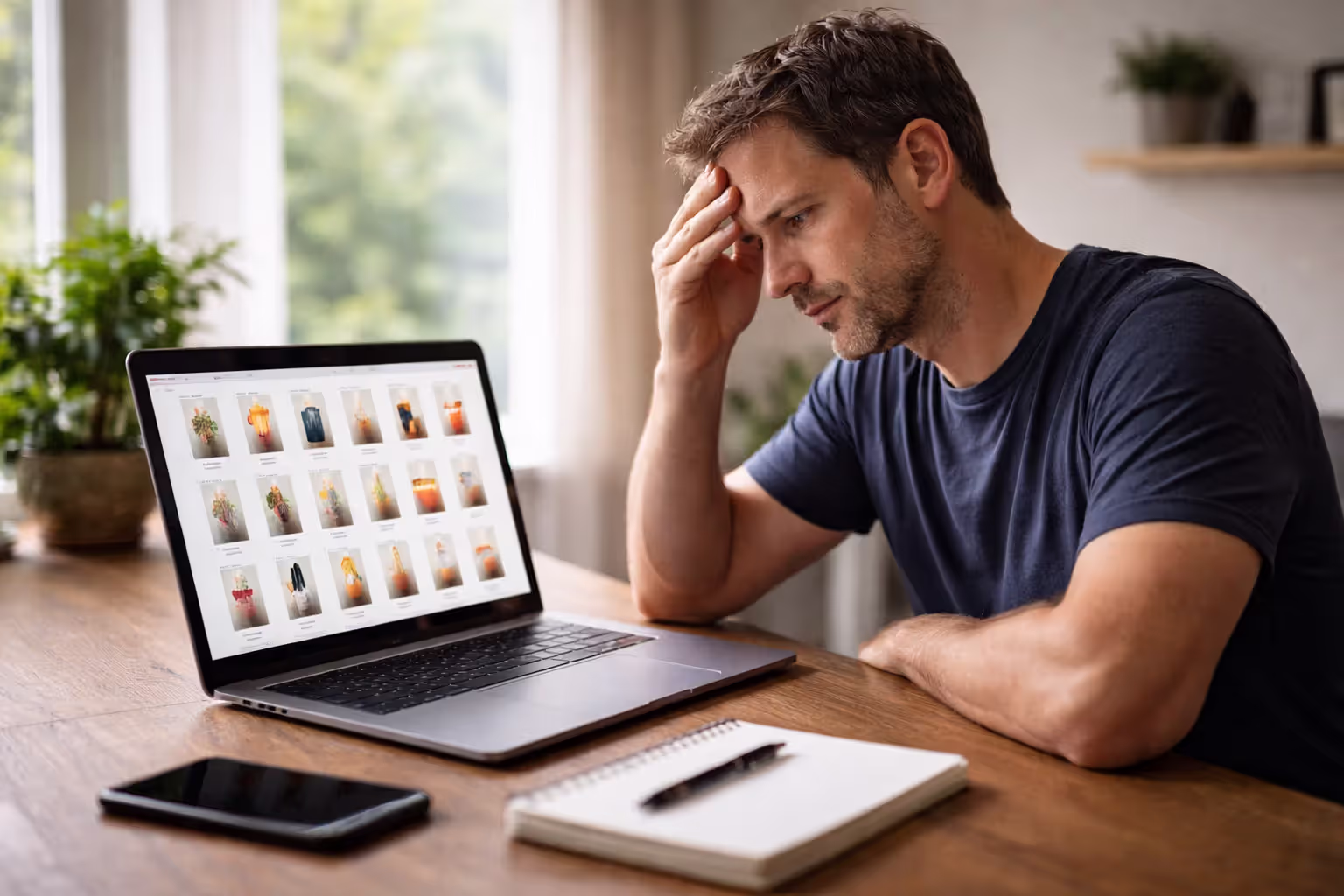 Person looking overwhelmed while comparing many options on laptop