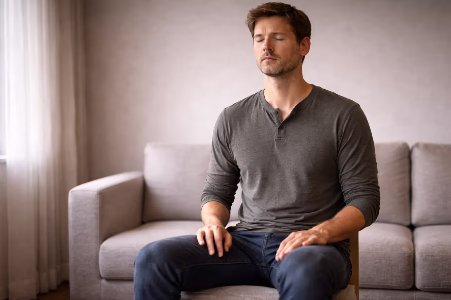 Person seated with feet on the floor, practicing calm breathing in a neutral room.