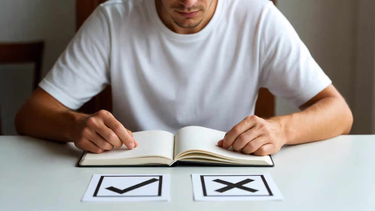 Person reviewing a notebook with simple check and cross cards beside it, focused and calm.