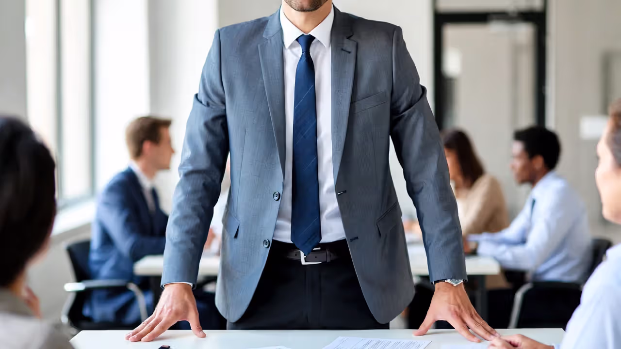 Professional standing confidently before a presentation in a meeting room